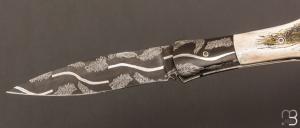   Couteau " L'Oegopsyde " fait main par Laraud Blade  - Caribou fossile et lame damas mosaïque