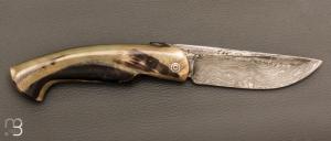   Couteau de poche style piémontais de Mickael Moing - Corne de bélier et lame damas