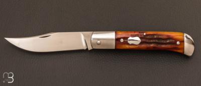   Couteau  "  Slipjoint" pliant fait main par Thierry Chevron - Amber stag et RWL-34