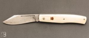  Couteau " Trappeur " custom à cran plat de Julien Baillon - Ivoire de phacochère et Damasteel