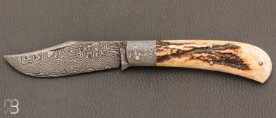  Couteau " Jacknife " custom de Jérôme Bellon - Bois de cerf et lame damas