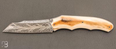  Couteau " Tetrao " custom par Cyril Doche - Mammouth et damas plume