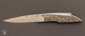 Couteau " Lock-Back " custom  par Vincent Saja - Acier 420 avec insert en damasteel et RWL-34