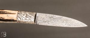    Couteau " Slipjoint " custom par Henri VIALLON - Bois de cerf et lame damas