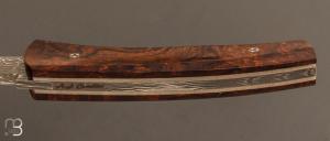 Couteau " liner-lock custom " par Alain & Joris Chomilier - Bois de fer d'Arizona et damas Vegas Forge