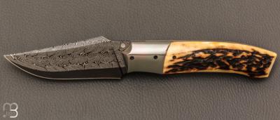   Couteau  " custom " de Berthelemy Gabriel - La Forge Agab - Bois de cerf et lame damas