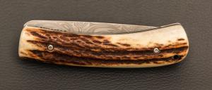  Couteau " liner lock " custom par Joël Grandjean - Bois de cerf et lame en damas
