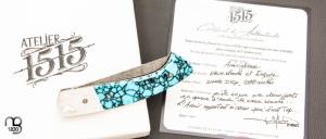  Couteau " 1515 collection Amérindienne  " par Manu Laplace - Nacre blanche et turquoise