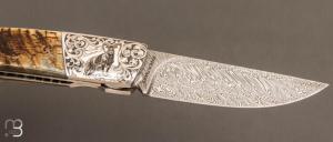    Couteau de poche 1515 édition limitée ''L'Approche au Mouflon'' lame Damas par Manu Laplace