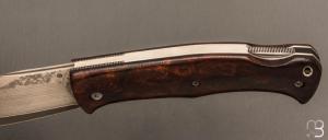   Couteau " Cim Very Bad " custom lock-back par Raphaël Durand - Bois de fer et lame Suminagashi