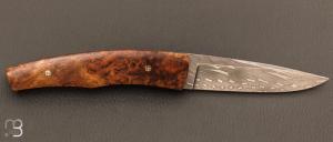 Couteau " liner-lock custom " par Alain & Joris Chomilier - Loupe d'Amboine et damas Vegas Forge