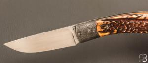   Couteau " Gros "  liner lock par Joël Grandjean - Bois de cerf et lame en RWL34