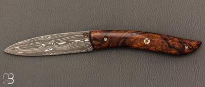 Couteau  " le Névé " pliant  par Tim Bernard - Loupe de Bois de fer et lame damas