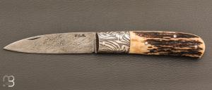    Couteau " Slipjoint " custom par Henri VIALLON - Bois de cerf et lame damas