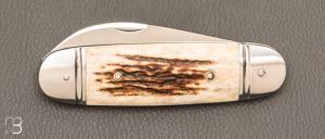 Couteau " Bouledogue " custom de Jérôme Bellon - Bois de cerf et lame en RWL34