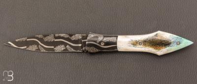   Couteau " L'Oegopsyde " fait main par Laraud Blade  - Caribou fossile et lame damas mosaïque