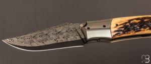   Couteau  " custom " de Berthelemy Gabriel - La Forge Agab - Bois de cerf et lame damas