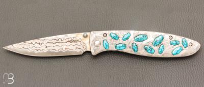  Couteau " CFLE 18 " par Mcusta - Turquoise et Rainbow damas - Pièce Unique