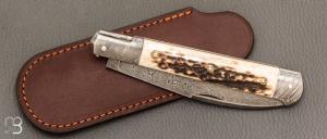 Couteau " Issoire " custom de Jérôme Bellon - Bois de cerf et damas