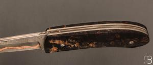   Couteau " custom " par Alain & Joris Chomilier - Bouleau madré stabilisé et damas Carbone Cuivre