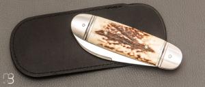 Couteau " Bouledogue " custom de Jérôme Bellon - Bois de cerf et lame en RWL34