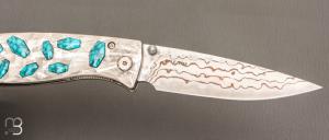  Couteau " CFLE 18 " par Mcusta - Turquoise et Rainbow damas - Pièce Unique