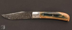 Couteau " Cherokee " custom mammouth bleu et damas par David Brenire