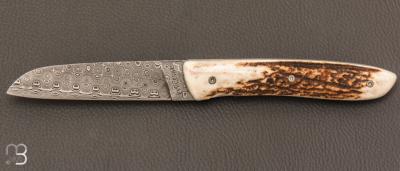   Couteau de poche modèle  " L08 " par Perceval - Damas et Bois de cerf