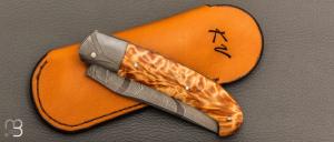 Couteau " Slipjoint " custom par Karim Valentin - Fourche de peuplier stabilisé et damas plume