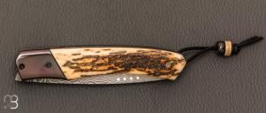  Couteau " 1820 " liner lock de SMZ Flammes de forge - Ivoire de mammouth et lame damas