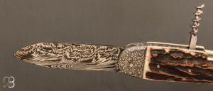   Couteau " Bouledogue 2 pièces " Damas de et bois de cerf Jean Pierre Veysseyre