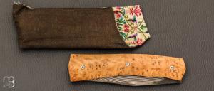    Couteau " Oiseleur  " pliant artisanal de Cyril Kalisz - Loupe de frêne et Suminagshi SG2