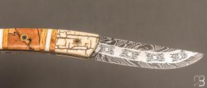  Couteau " le Thiers® " par Tim Bernard - Ivoire de mammouth / Morse et lame damas multi barreaux