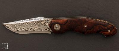   Couteau "  Front-flipper " custom par Romain Lopez - Bois de fer d'Arizona et lame damasteel "Gysing"