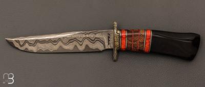  Couteau " Hunter Bowie " fixe custom par Santino Ballestra -  Corne de buffle et lame forgée acier damas