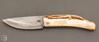  Couteau de poche Piémontais par Mickael Moing - Bois de cerf et damas