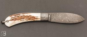   Couteau  " Bombé " custom de Jérôme Bellon - Bois de cerf et damas