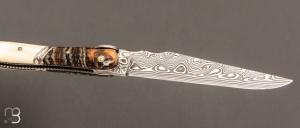    Couteau " Laguiole Bacchus " de poche par Philippe Voissière - Phacochère/Molaire de mammouth et lame en Damasteel