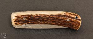  Couteau " liner lock " custom par Joël Grandjean - Bois de cerf et lame en damas