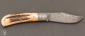  Couteau " Jacknife " custom de Jérôme Bellon - Bois de cerf et lame damas