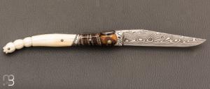    Couteau " Laguiole Bacchus " de poche par Philippe Voissière - Phacochère/Molaire de mammouth et lame en Damasteel