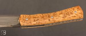    Couteau " Oiseleur  " pliant artisanal de Cyril Kalisz - Loupe de frêne et Suminagshi SG2