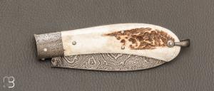   Couteau  " Bombé " custom de Jérôme Bellon - Bois de cerf et damas