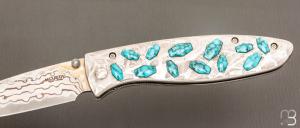  Couteau " CFLE 18 " par Mcusta - Turquoise et Rainbow damas - Pièce Unique