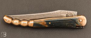   Couteau " Laguiole Queue de Scorpion " 13 cm par Rozelier Fabien - Ty Coutelier - Damas plume et ivoire de mammouth