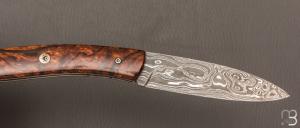 Couteau  " le Névé " pliant  par Tim Bernard - Loupe de Bois de fer et lame damas