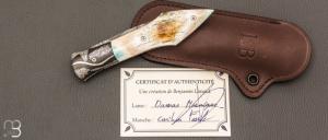   Couteau " L'Oegopsyde " fait main par Laraud Blade  - Caribou fossile et lame damas mosaïque