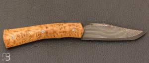    Couteau " Oiseleur  " pliant artisanal de Cyril Kalisz - Loupe de frêne et Suminagshi SG2