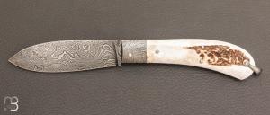 Couteau "  Bombé " custom de Jérôme Bellon - Bois de cerf et damas