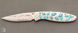  Couteau " CFLE 18 " par Mcusta - Turquoise et Rainbow damas - Pièce Unique